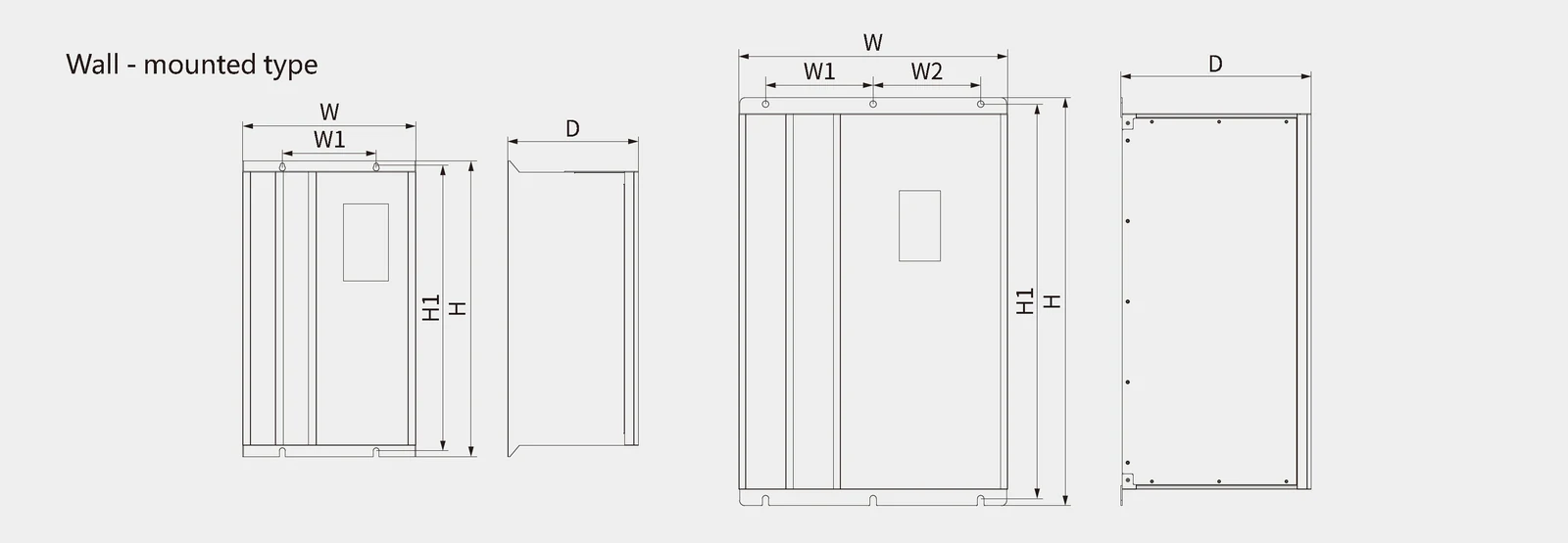 LNC820 General-Purpose VFD Diagrams of the overall dimensions and installation dimensions of the sheet metal structure